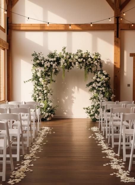 Floral Frame - "Grace" Floral wedding arch with white chairs and scattered petals in a bright venue.